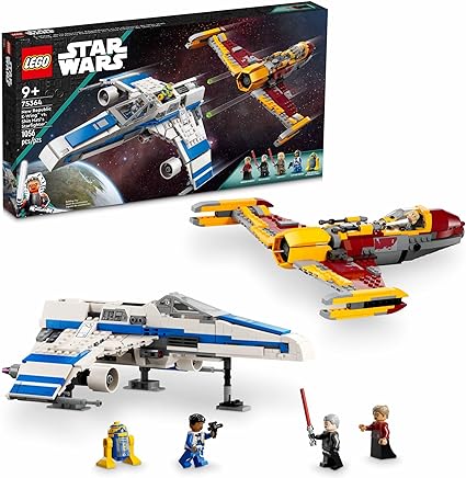 Lego Star Wars New Republic E-Wing vs. Shin Hati's Starfight on display next to box.