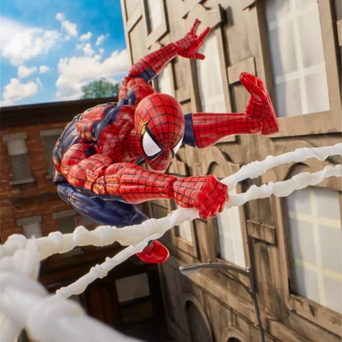 Hasbro Marvel Legends Maximum Series Spider-Man swinging from web line.