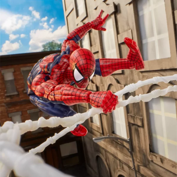 Hasbro Marvel Legends Maximum Series Spider-Man swinging from web line.