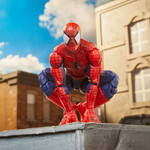 Hasbro Marvel Legends Maximum Series Spider-Man on roof top in a crouching pose.
