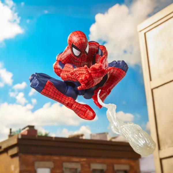 Hasbro Marvel Legends Maximum Series Spider-Man firing web line mid air.