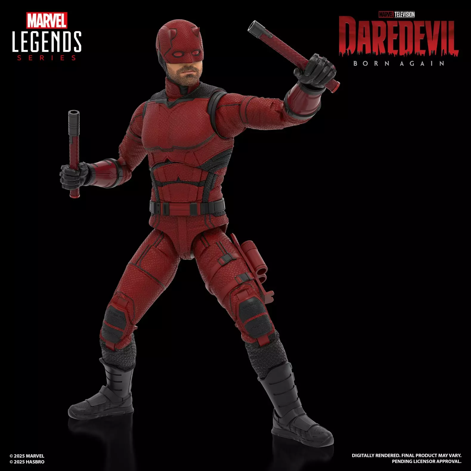 Hasbro Marvel Legends Daredevil Born Again posed with batons in hand.