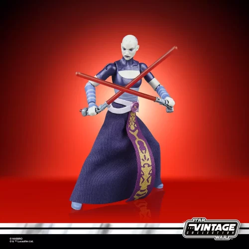 Hasbro Star Wars The Vintage Collection Asajj Ventress with light sabers crossed in front of her.