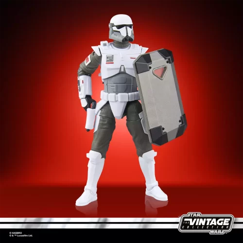 Hasbro Star Was The Vintage Collection Imperial Armored Commando with riot shield and hand on blaster pistol.