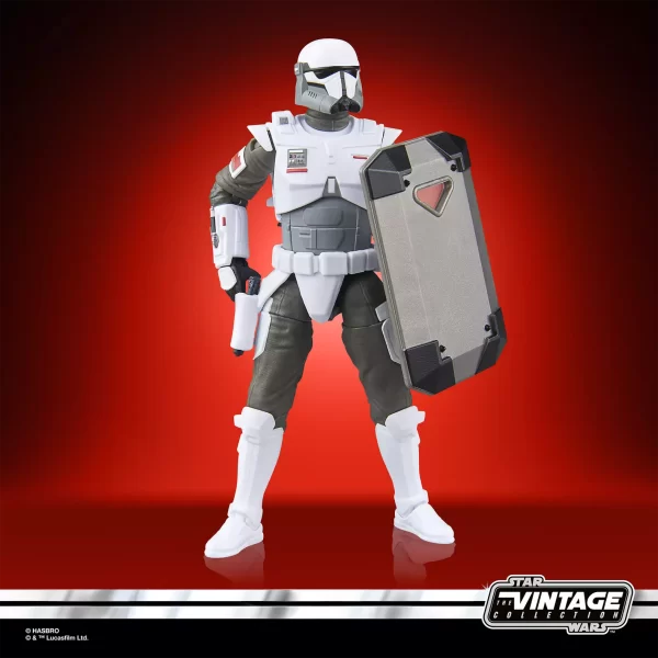 Hasbro Star Was The Vintage Collection Imperial Armored Commando with riot shield and hand on blaster pistol.