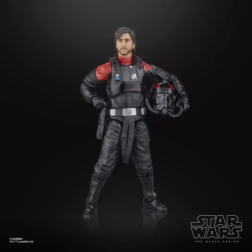 Hasbro Star Wars The Black Series Cassian Andor (Sienar Test Pilot) helmet in hand.