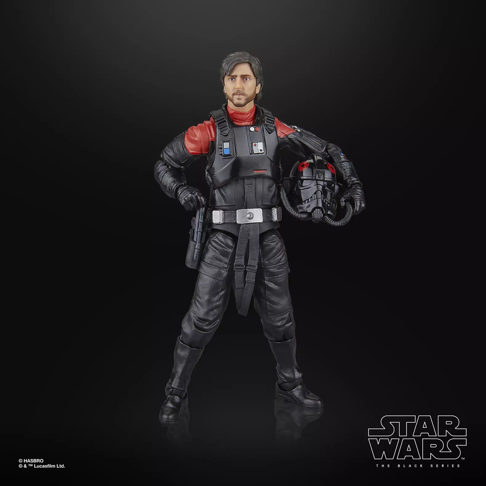 Hasbro Star Wars The Black Series Cassian Andor (Sienar Test Pilot) helmet in hand.