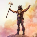 Frazetta Girls ICON Collectibles Darkwolf with battle axe raised above his head.