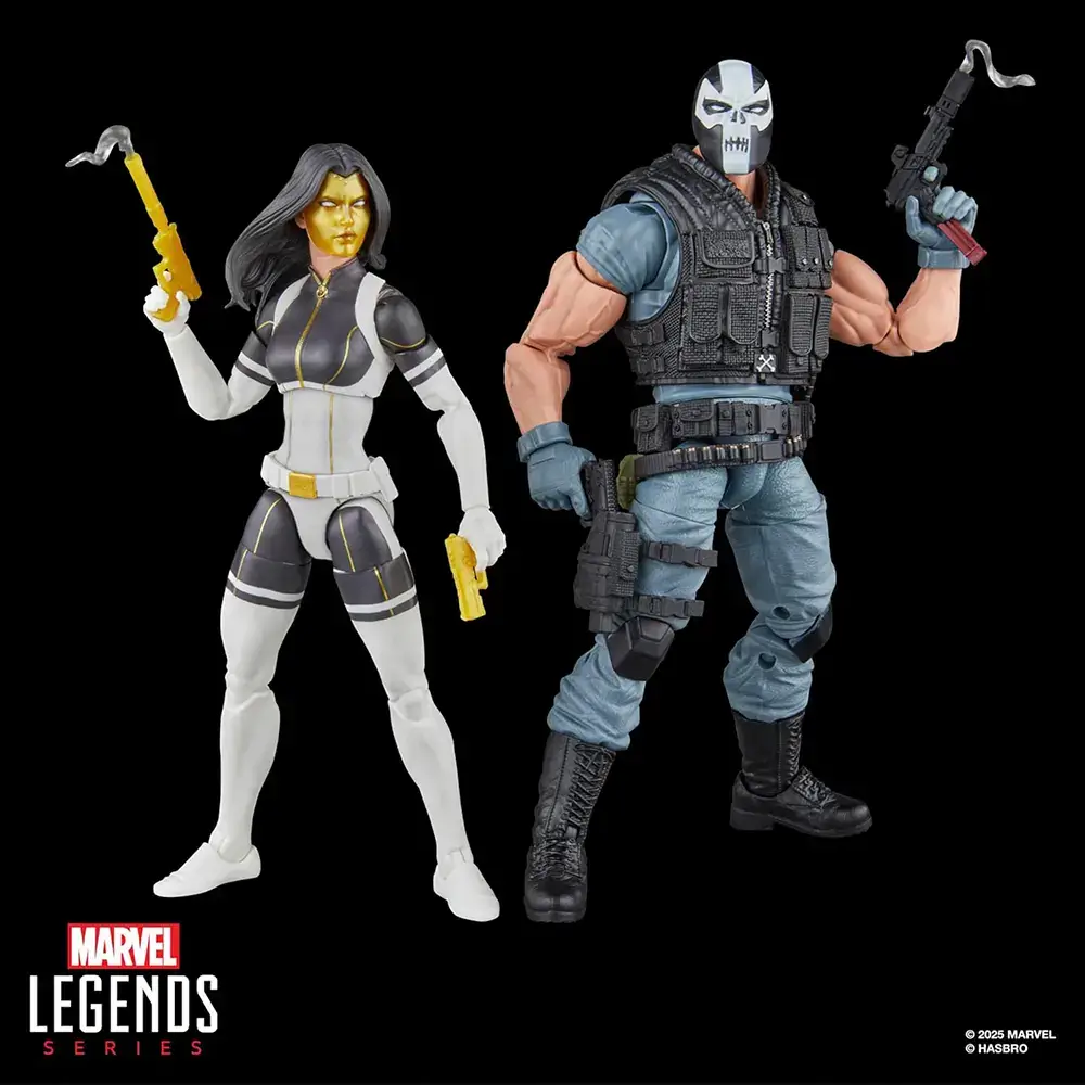 Hasbro Marvel Legends Madame Masque & Crossbones Super Villains 2 pack. Posed with guns in hand.