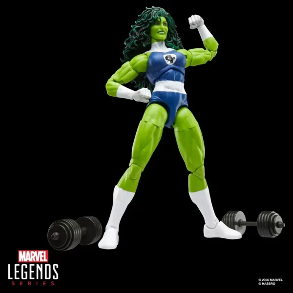 Hasbro Marvel Legends She-Hulk Fantastic Four Retro flexing next to dumbbells.