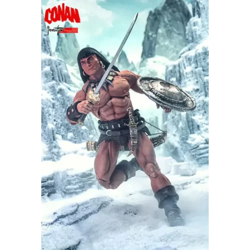 Frazetta Girls Icon Collectibles Conan running through snowy mountain pass.