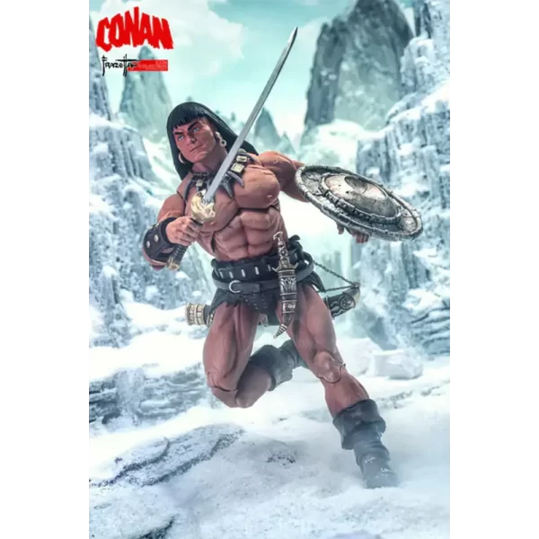 Frazetta Girls Icon Collectibles Conan running through snowy mountain pass.