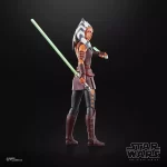 Hasbro Star Wars The Black Series Ahsoka Tano Padawan with lit lightsaber behind her back.