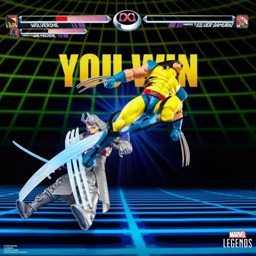 Hasbro Marvel Legends Gamerverse Wolverine vs Silver Samurai two pack in fighting pose reminiscent of arcade game.