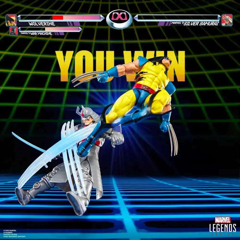Hasbro Marvel Legends Gamerverse Wolverine vs Silver Samurai two pack in fighting pose reminiscent of arcade game.