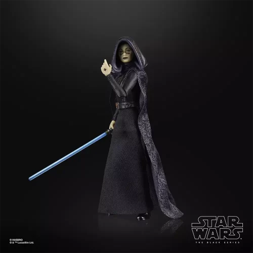 Hasbro Star Wars The Black Series Barriss Offee with lit light saber at her side.