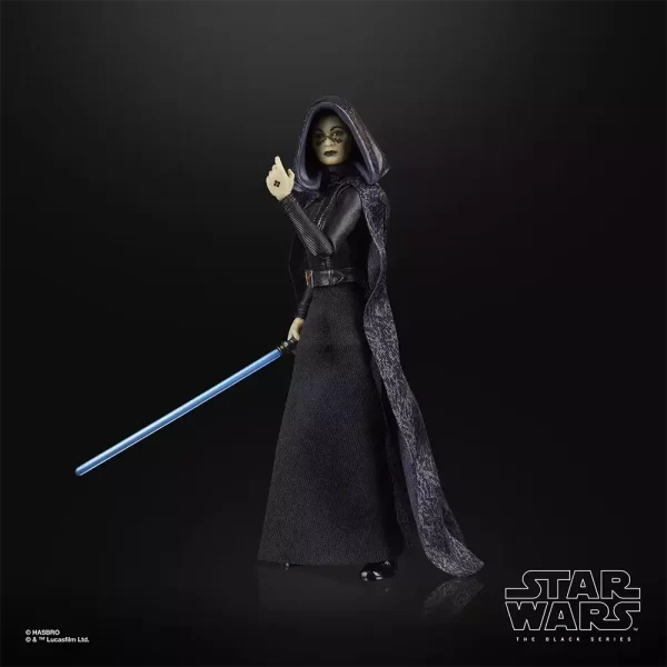 Hasbro Star Wars The Black Series Barriss Offee with lit light saber at her side.