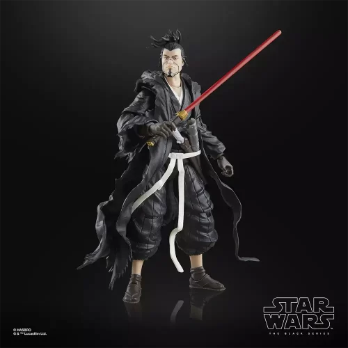 Hasbro Star Wars The Black Series The Ronin with lit light saber in right hand.