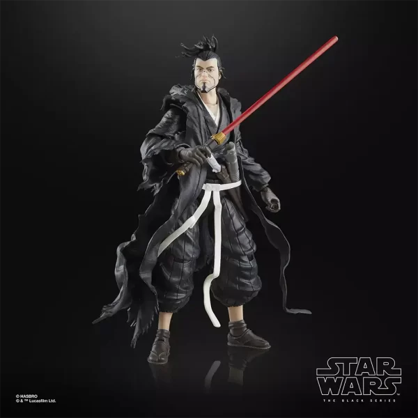 Hasbro Star Wars The Black Series The Ronin with lit light saber in right hand.