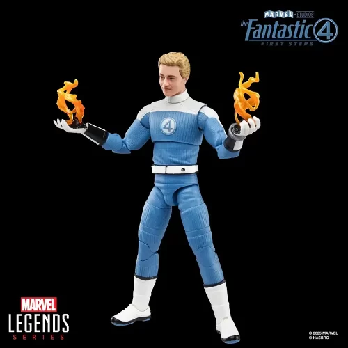 Hasbro Marvel Legends Johnny Storm (Fantastic Four First Steps) with fire effects in hands.