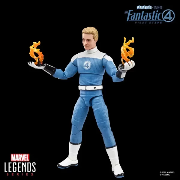 Hasbro Marvel Legends Johnny Storm (Fantastic Four First Steps) with fire effects in hands.