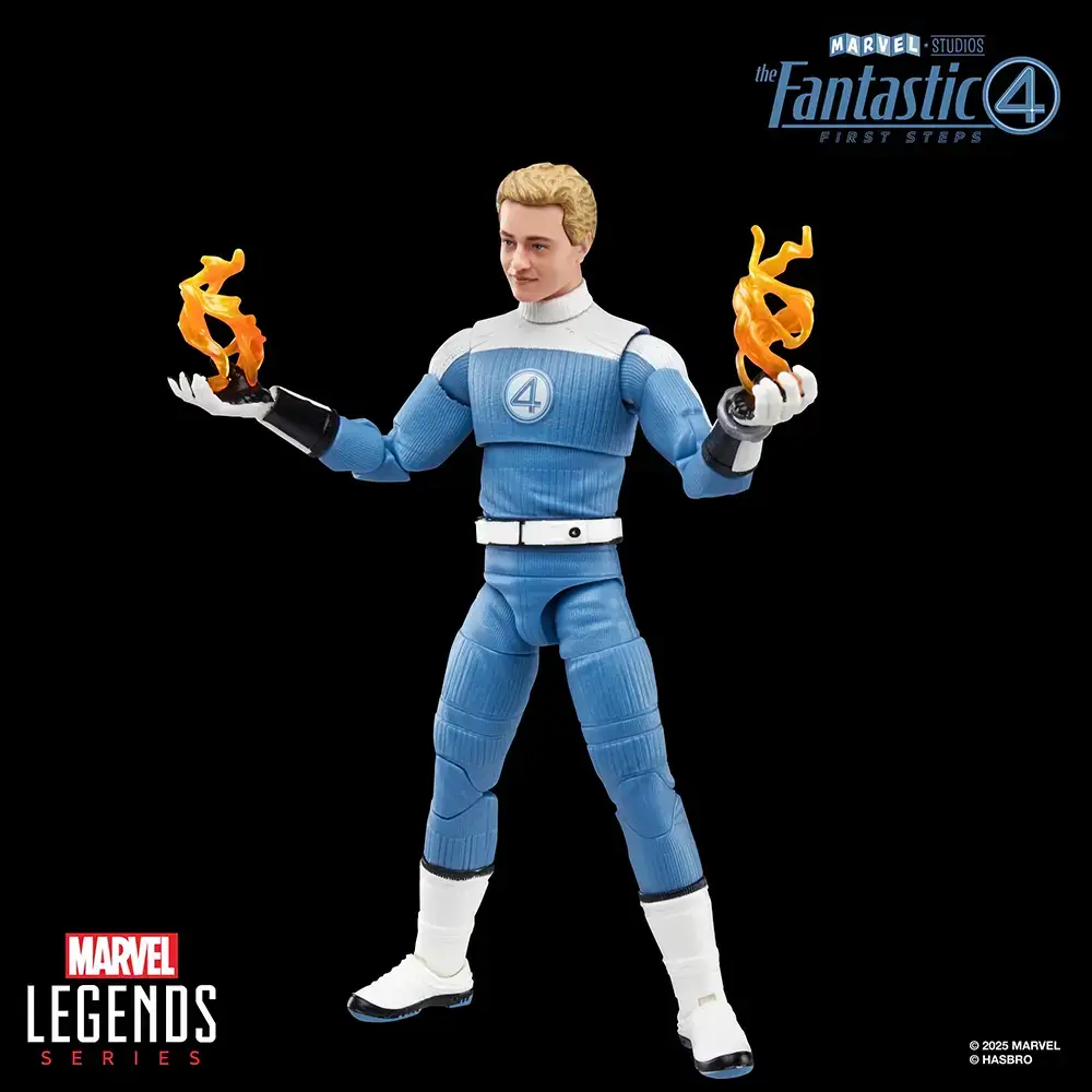 Hasbro Marvel Legends Johnny Storm (Fantastic Four First Steps) with fire effects in hands.