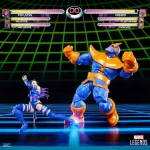 Hasbro Marvel Legends Gamerverse Psylocke vs Thanos. Psylocke is sweep kicking Thanos.