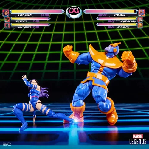Hasbro Marvel Legends Gamerverse Psylocke vs Thanos. Psylocke is sweep kicking Thanos.