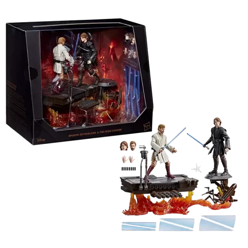Hasbro Star Wars The Black Series Anakin Skywalker & Obi-Wan Kenobi next to display box.