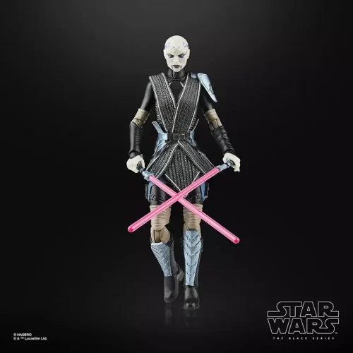 Hasbro star Wars The Black Series Asajj Ventress (Bounty Hunter) with helmet off and duel lightsabers crossed.