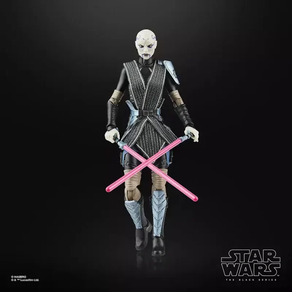 Hasbro star Wars The Black Series Asajj Ventress (Bounty Hunter) with helmet off and duel lightsabers crossed.