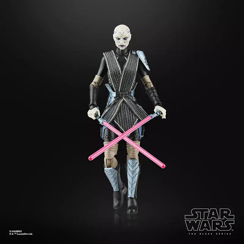 Hasbro star Wars The Black Series Asajj Ventress (Bounty Hunter) with helmet off and duel lightsabers crossed.