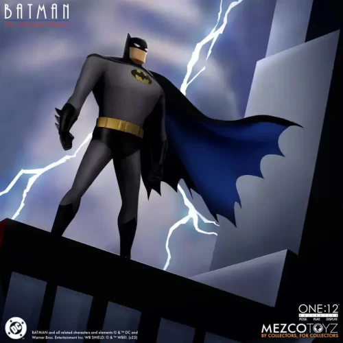 Mezco Toyz One:12 Collective Batman: The Animated Series Batman in iconic pose from TV show's intro.