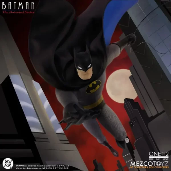 Mezco Toyz One:12 Collective Batman: The Animated Series Batman swinging between buildings.