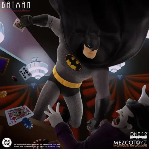 Mezco Toyz One:12 Collective Batman: The Animated Series Batman lunging across a table at Joker.