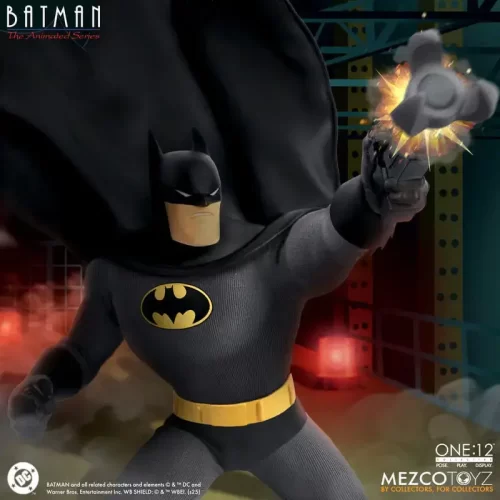 Mezco Toyz One:12 Collective Batman: The Animated Series Batman firing grapple gun.