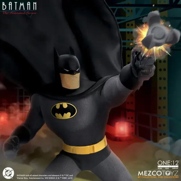 Mezco Toyz One:12 Collective Batman: The Animated Series Batman firing grapple gun.