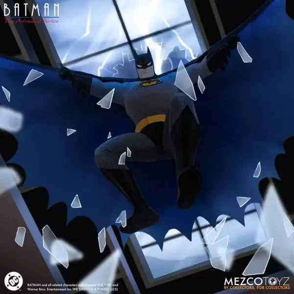 Mezco Toys One:12 Collective Batman: The Animated Series Batman crashing through skylight window.
