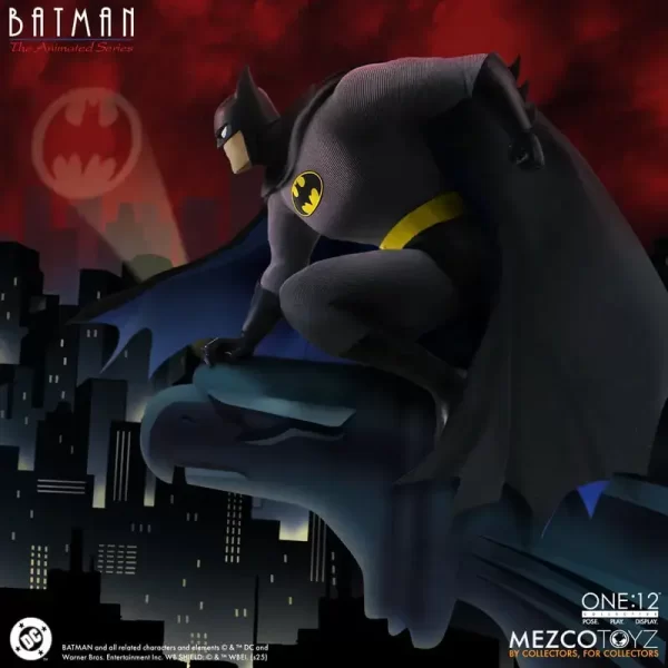 Mezco Toyz One:12 Collective Batman: The Animated Series Batman a top a gargoyle looking out at the city below.