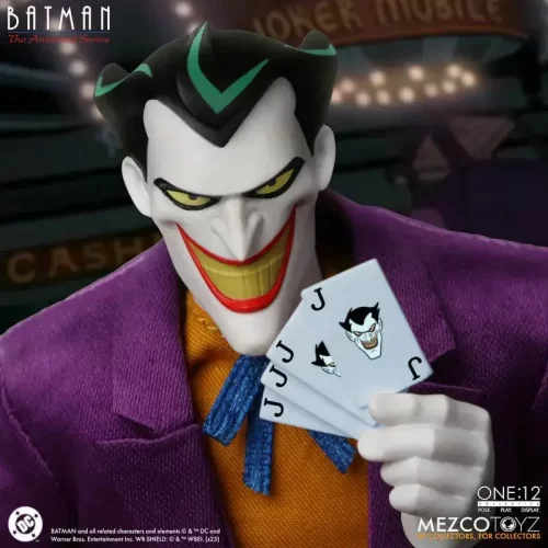 Mezco Toyz One:12 Collective Batman: The Animated Series The Joker holding playing cards.
