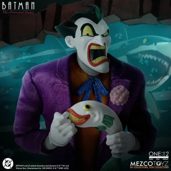 Mezco Toyz One:12 Collective Batman: The Animated Series The Joker holding a fish.