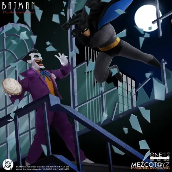 Mezco Toyz One:12 Collective Batman: The Animated Series The Joker ready to throw a pie at Batman.