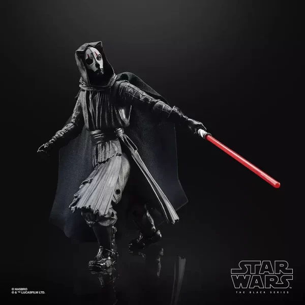 Hasbro Star Wars The Black Series Gaming Greats Darth Nihilus looking over shoulder while swinging lightsaber.