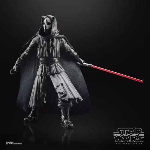 Hasbro Star Wars The Black Series Gaming Greats Darth Nihilus posed with lit lightsaber in his left hand and looking right.