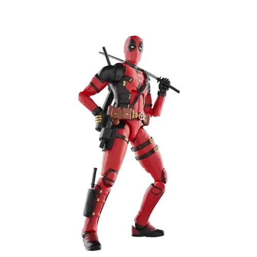 Hasbro Marvel Legends Deadpool (Deadpool & Wolverine) katana resting on shoulder hand on pistol.