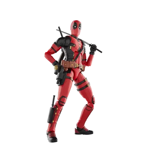 Hasbro Marvel Legends Deadpool (Deadpool & Wolverine) katana resting on shoulder hand on pistol.