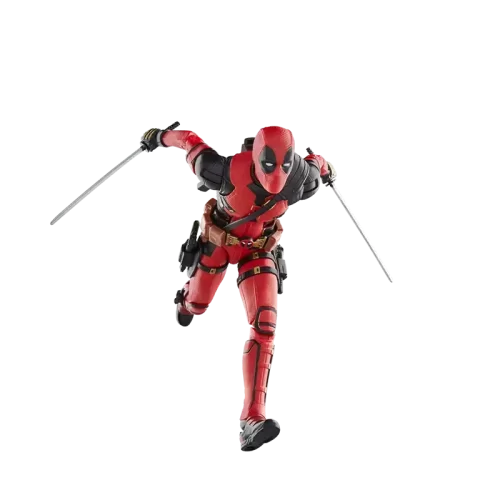 Hasbro Marvel Legends Deadpool (Deadpool & Wolverine) awkwardly running with katana in each hand.
