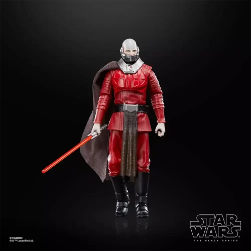 Hasbro Star Wars The Black Series Gaming Greats Darth Malak lit lightsaber at his side.