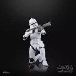 Hasbro Star Wars The Black Series Phase II Clone Trooper kneeling and aiming down the barrel of his rifle blaster.