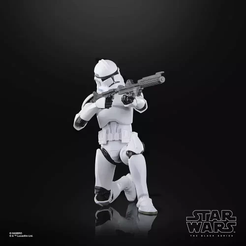 Hasbro Star Wars The Black Series Phase II Clone Trooper kneeling and aiming down the barrel of his rifle blaster.